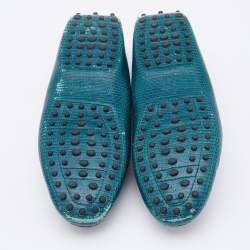 Tod's Teal Blue Lizard Embossed Leather Bow Slip On Loafers Size 37.5