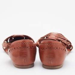 Pre Owned Tod's Brown Cutout Leather Ankle Strap Flats Size 37.5