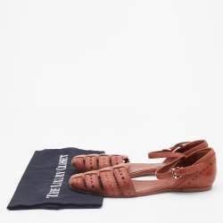 Pre Owned Tod's Brown Cutout Leather Ankle Strap Flats Size 37.5