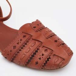 Pre Owned Tod's Brown Cutout Leather Ankle Strap Flats Size 37.5