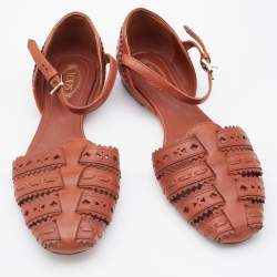 Pre Owned Tod's Brown Cutout Leather Ankle Strap Flats Size 37.5