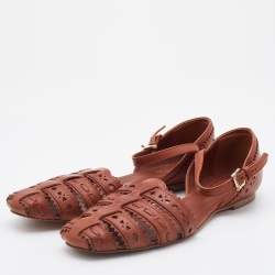 Pre Owned Tod's Brown Cutout Leather Ankle Strap Flats Size 37.5