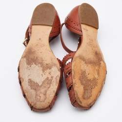 Pre Owned Tod's Brown Cutout Leather Ankle Strap Flats Size 37.5