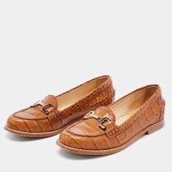 Pre Owned Tod's Brown Croc Embossed Leather Buckle Loafers Size 36