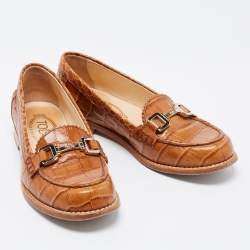 Pre Owned Tod's Brown Croc Embossed Leather Buckle Loafers Size 36