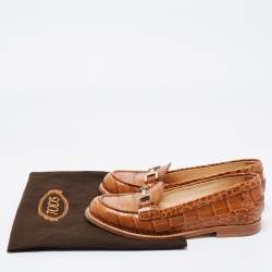 Pre Owned Tod's Brown Croc Embossed Leather Buckle Loafers Size 36