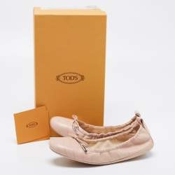 Pre Owned Tod's Pink Croc Embossed Leather Bow Srunch Ballet Flats Size 37