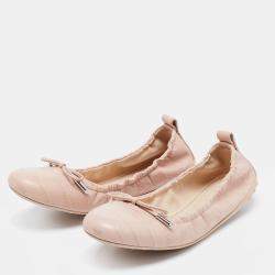Pre Owned Tod's Pink Croc Embossed Leather Bow Srunch Ballet Flats Size 37