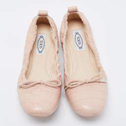 Pre Owned Tod's Pink Croc Embossed Leather Bow Srunch Ballet Flats Size 37