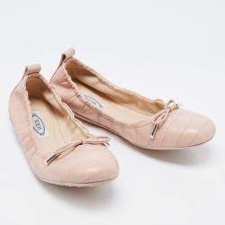 Pre Owned Tod's Pink Croc Embossed Leather Bow Srunch Ballet Flats Size 37