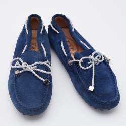 Pre Owned Tod's Navy Blue Suede Bow Slip On Loafers Size 37.5