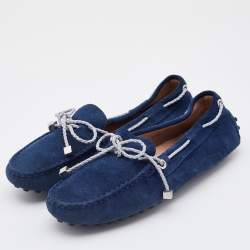 Pre Owned Tod's Navy Blue Suede Bow Slip On Loafers Size 37.5