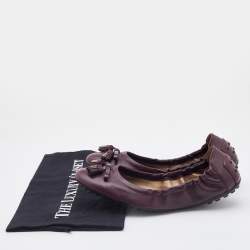 Pre Owned Tod's Plum Leather Bow Scrunch Ballet Flats Size 36