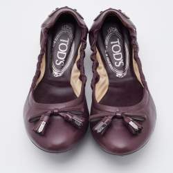 Pre Owned Tod's Plum Leather Bow Scrunch Ballet Flats Size 36