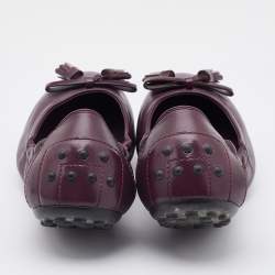 Pre Owned Tod's Plum Leather Bow Scrunch Ballet Flats Size 36