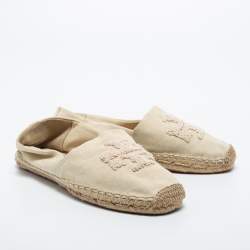 Pre Owned Tory Burch Cream Canvas Espadrille Flats Size 37.5