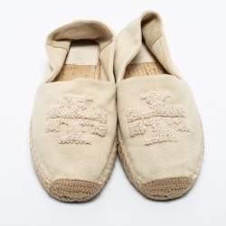 Pre Owned Tory Burch Cream Canvas Espadrille Flats Size 37.5