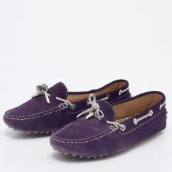 Tod's Purple/Silver Suede and Leather Bow Slip On Loafers Size 37