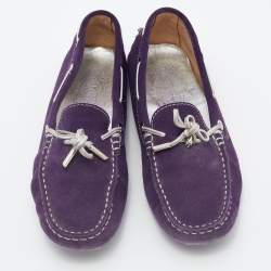 Tod's Purple/Silver Suede and Leather Bow Slip On Loafers Size 37