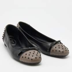 Pre Owned Tod's Black/Grey Leather Bow Ballet Flats Size 37.5