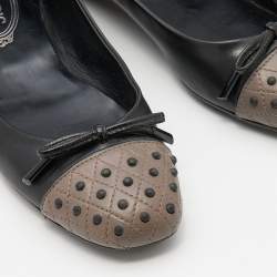 Pre Owned Tod's Black/Grey Leather Bow Ballet Flats Size 37.5