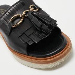 Pre Owned Tod's Black Leather Tassel Fringe Detail Platform Slide Sandals Size 38