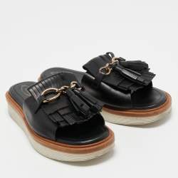 Pre Owned Tod's Black Leather Tassel Fringe Detail Platform Slide Sandals Size 38