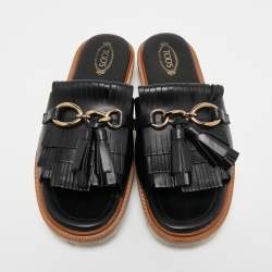 Pre Owned Tod's Black Leather Tassel Fringe Detail Platform Slide Sandals Size 38