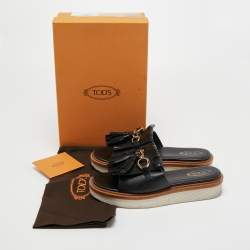 Pre Owned Tod's Black Leather Tassel Fringe Detail Platform Slide Sandals Size 38