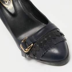 Pre Owned Tod's Navy Blue Leather Fringe Pumps Size 37