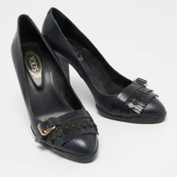 Pre Owned Tod's Navy Blue Leather Fringe Pumps Size 37