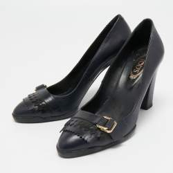 Pre Owned Tod's Navy Blue Leather Fringe Pumps Size 37