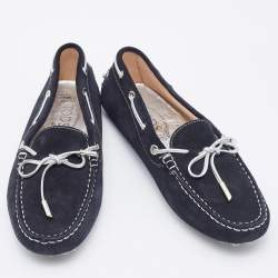 Pre Owned Tod's Black/Silver Suede Bow Slip On Loafers Size 39