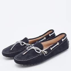 Pre Owned Tod's Black/Silver Suede Bow Slip On Loafers Size 39