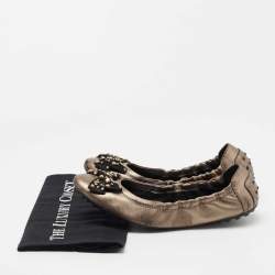 Pre Owned Tod's Metallic Leather Crystal Embellished Bow Scrunch Ballet Flats Size 41