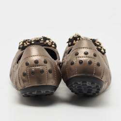 Pre Owned Tod's Metallic Leather Crystal Embellished Bow Scrunch Ballet Flats Size 41