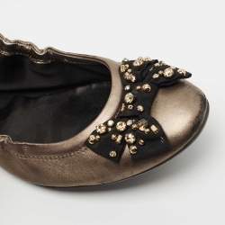 Pre Owned Tod's Metallic Leather Crystal Embellished Bow Scrunch Ballet Flats Size 41