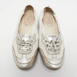 Pre Owned Tod's White/Silver Leather Gomma Lace Up Ballet Flats Size 40.5