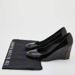 Pre Owned Tod's Black Patent Leather Round Toe Wedge Pumps Size 36