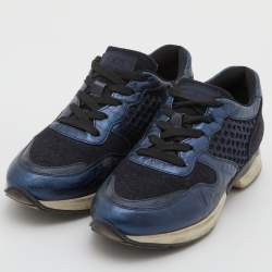 Tod's Navy Blue/Black Leather and Mesh Low Top Sneakers Size 37.5