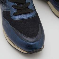 Tod's Navy Blue/Black Leather and Mesh Low Top Sneakers Size 37.5