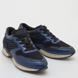 Tod's Navy Blue/Black Leather and Mesh Low Top Sneakers Size 37.5