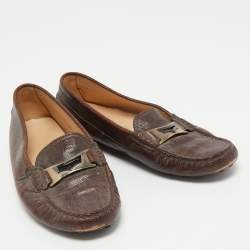 Tod's Dark Brown Lizard Embossed Leather Driver Loafers Size 37.5