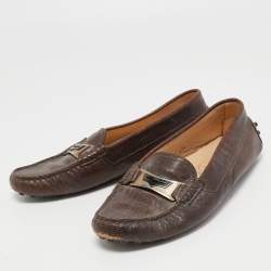 Tod's Dark Brown Lizard Embossed Leather Driver Loafers Size 37.5