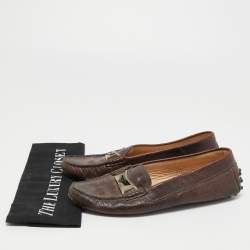 Tod's Dark Brown Lizard Embossed Leather Driver Loafers Size 37.5
