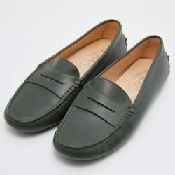 Tod's Dark Green Leather Gommino Slip On Loafers Size 36.5