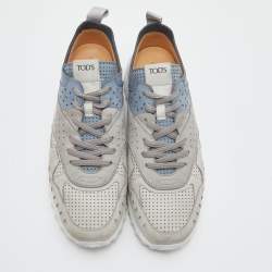 Pre Owned Tod's Grey/Blue Nubuck Leather Perforated Low Top Sneakers Size 39