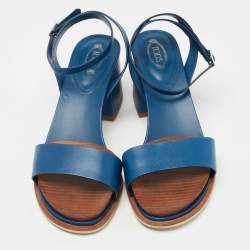Tod's Blue Leather Block Heel Ankle Strap Sandals Size 40