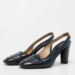 Pre Owned Tod's Navy Blue Patent Leather Penny Loafer Slingback Pumps Size 41