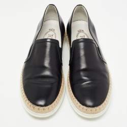 Pre Owned Tod's Black Leather Espadrille Slip On Loafers Size 37.5